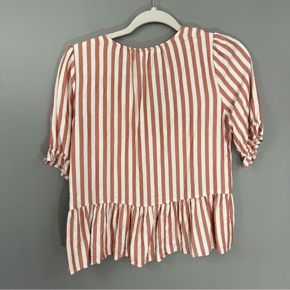 Madewell size XS striped short sleeve button front peplum top - Picture 6 of 8